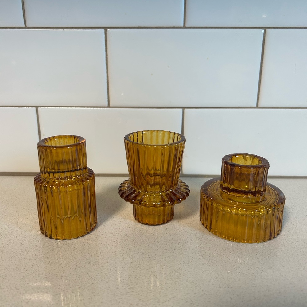 Vintage MCM Amber Glass Candle Holders Set